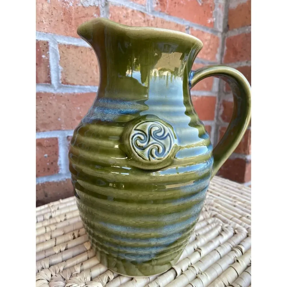 Colm De Ris Pitcher Art Ceramic Pottery Green Blue Celtic Triskelion Ireland